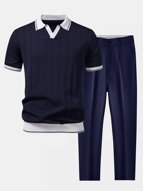 Polo de punto con cuello Johnny acanalado y ribete en contraste & pantalones ajustados de pierna cónica