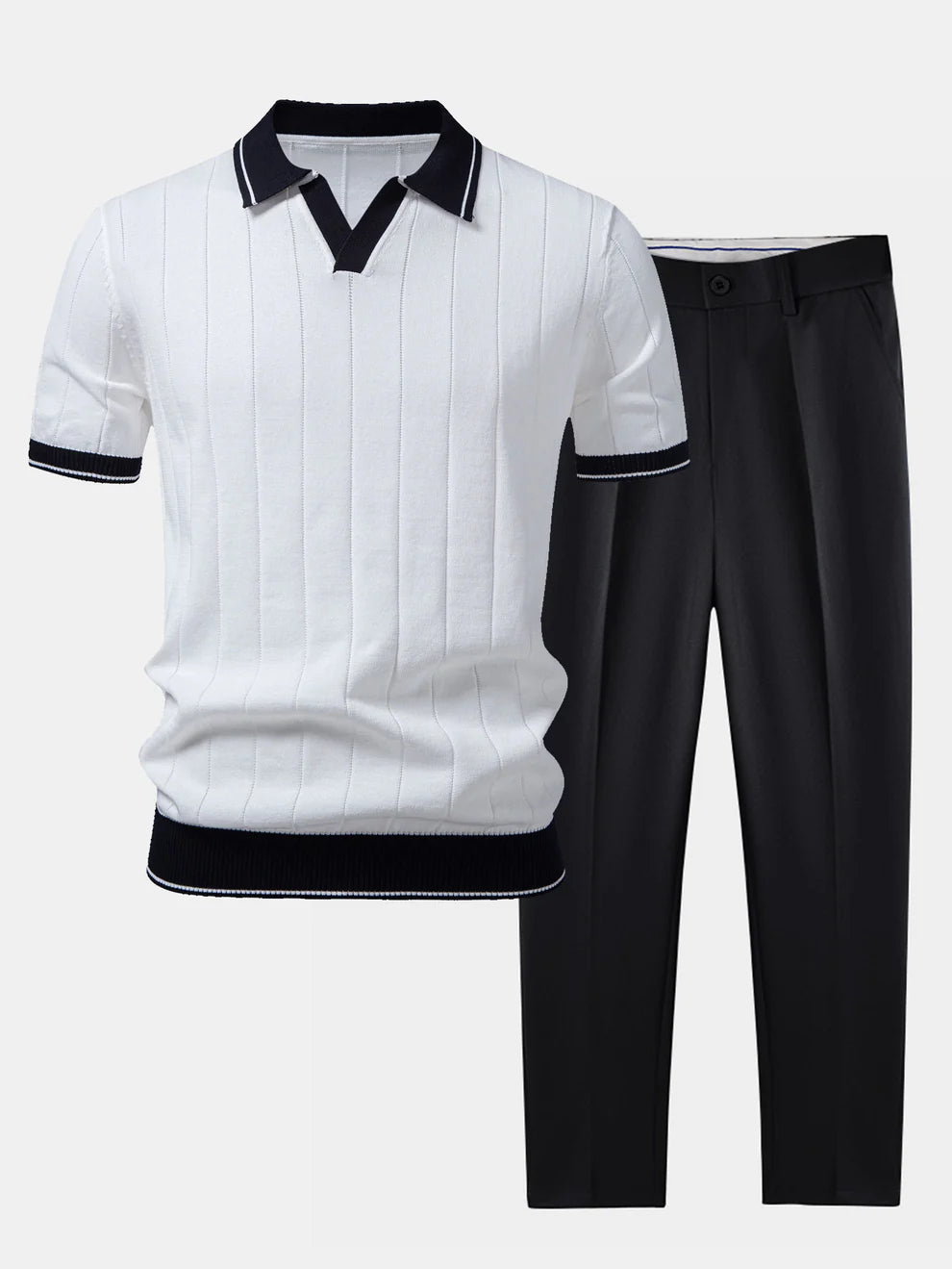 Polo de punto con cuello Johnny acanalado y ribete en contraste & pantalones ajustados de pierna cónica